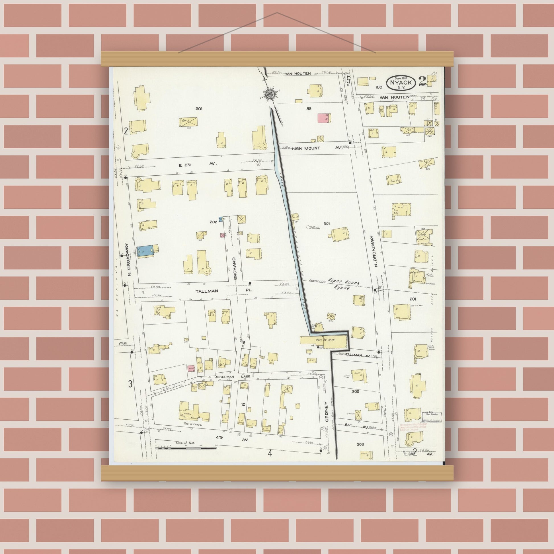 Old map wall art mockup — magnetic wood frame on brick wall — Sanborn Fire Insurance Map from Nyack, Rockland County, New York. (1910), Sheet #0002