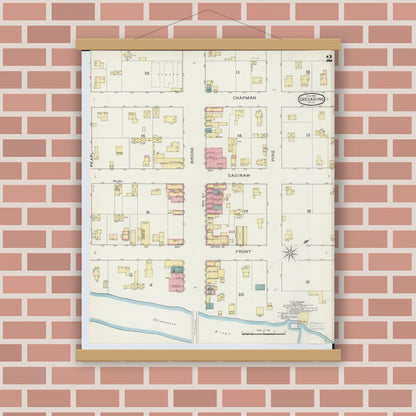 Old map wall art mockup — magnetic wood frame on brick wall — Sanborn Fire Insurance Map from Chesaning, Saginaw County, Michigan (1893), Sheet #0002