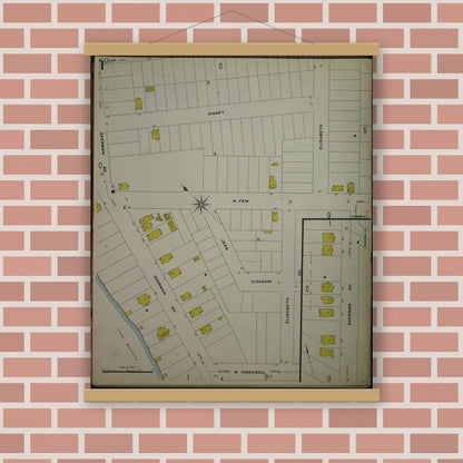 Old map wall art mockup — magnetic wood frame on brick wall — Sanborn Fire Insurance Map from Madison, Dane County, Wisconsin (1908), Sheet #0001