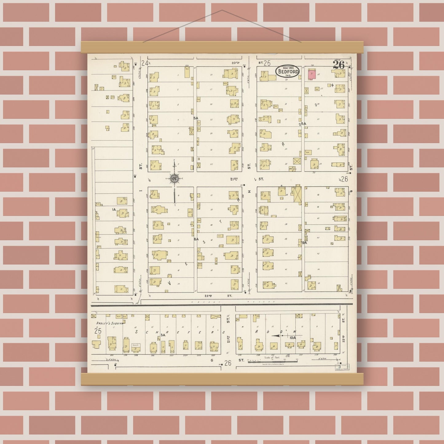 Old map wall art mockup — magnetic wood frame on brick wall — Sanborn Fire Insurance Map from Bedford, Lawrence County, Indiana (1922), Sheet #0026