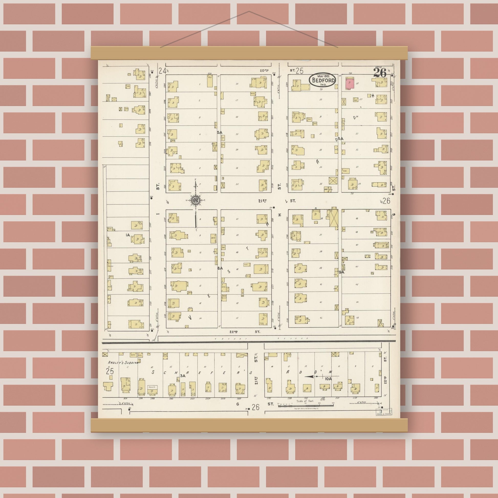 Old map wall art mockup — magnetic wood frame on brick wall — Sanborn Fire Insurance Map from Bedford, Lawrence County, Indiana (1922), Sheet #0026