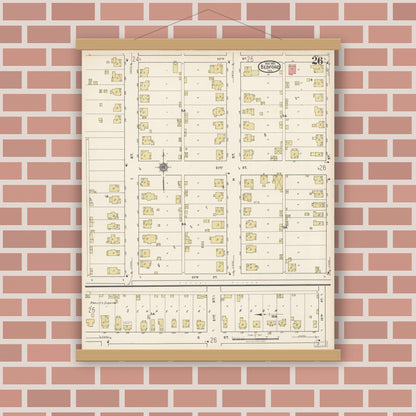 Old map wall art mockup — magnetic wood frame on brick wall — Sanborn Fire Insurance Map from Bedford, Lawrence County, Indiana (1922), Sheet #0026