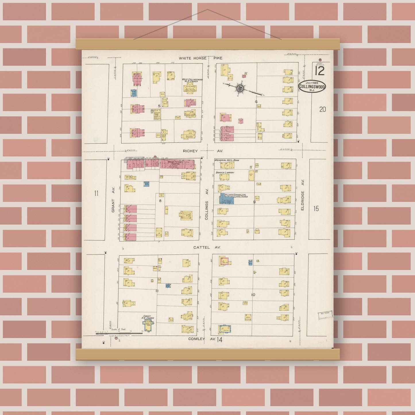 Old map wall art mockup — magnetic wood frame on brick wall — Sanborn Fire Insurance Map from Collingswood, Camden County, New Jersey (1922), Sheet #0012
