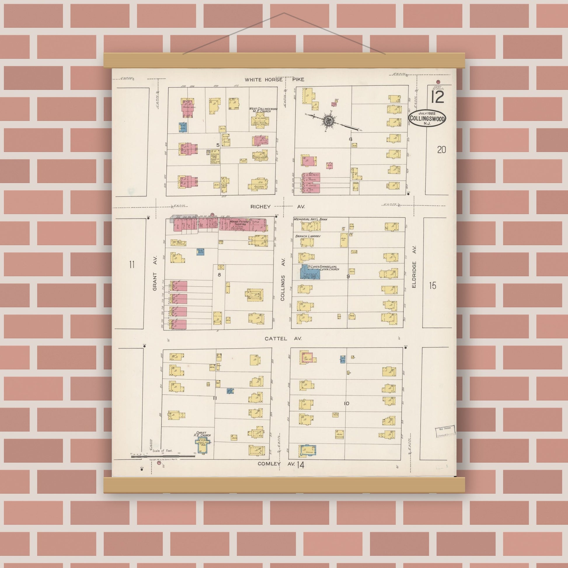 Old map wall art mockup — magnetic wood frame on brick wall — Sanborn Fire Insurance Map from Collingswood, Camden County, New Jersey (1922), Sheet #0012