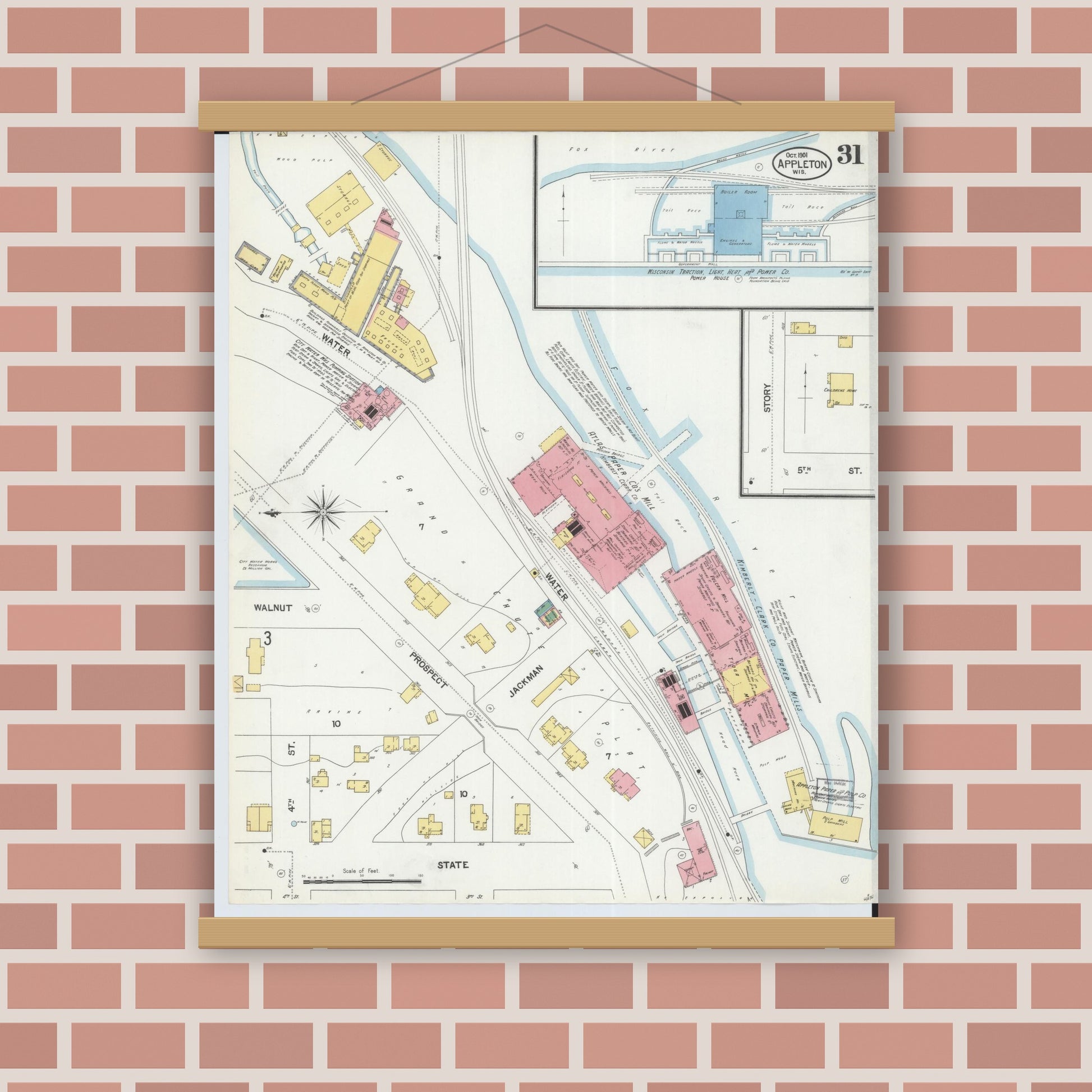 Old map wall art mockup — magnetic wood frame on brick wall — Sanborn Fire Insurance Map from Appleton, Outagamie County, Wisconsin (1901), Sheet #0031