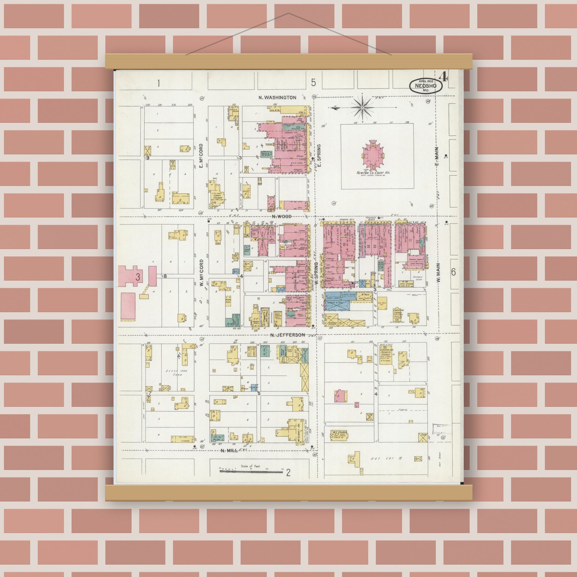 Old map wall art mockup — magnetic wood frame on brick wall — Sanborn Fire Insurance Map from Neosho, Newton County, Missouri (1902), Sheet #0004