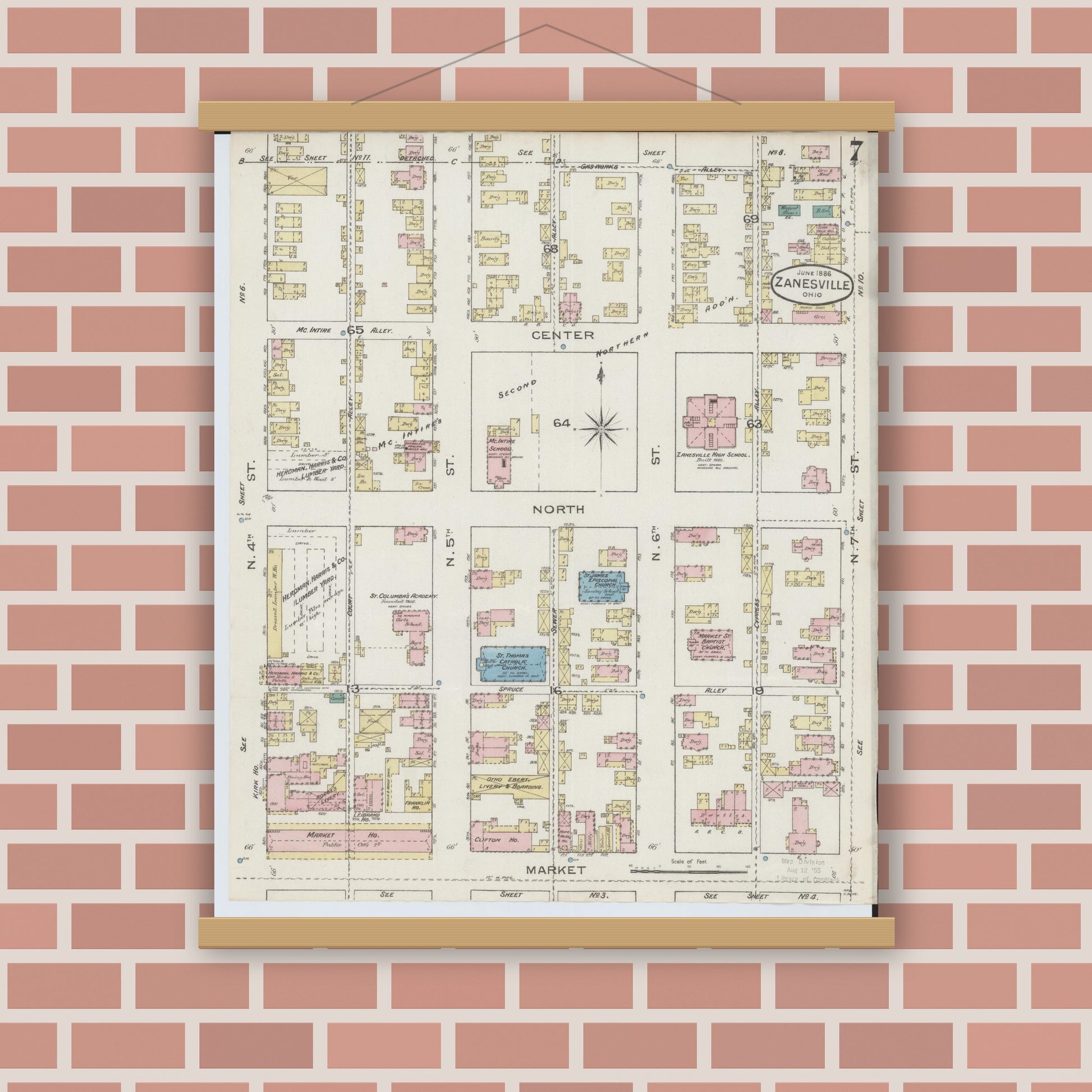 Old map wall art mockup — magnetic wood frame on brick wall — Sanborn Fire Insurance Map from Zanesville, Muskingum County, Ohio (1886), Sheet #0007