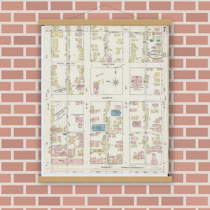 Old map wall art mockup — magnetic wood frame on brick wall — Sanborn Fire Insurance Map from Zanesville, Muskingum County, Ohio (1886), Sheet #0007