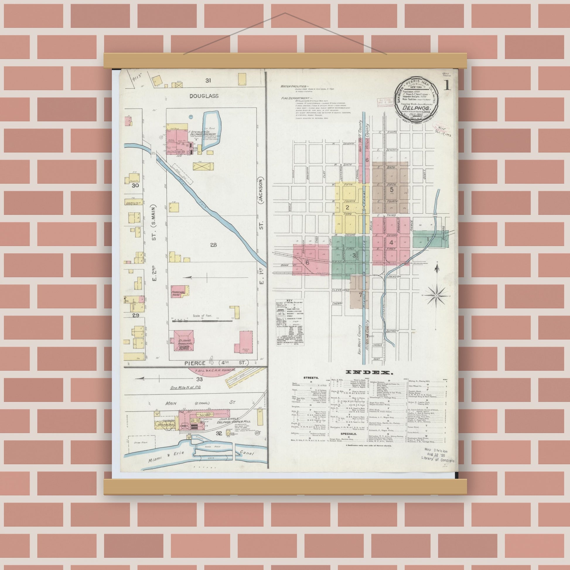 Old map wall art mockup — magnetic wood frame on brick wall — Sanborn Fire Insurance Map from Delphos, Van Wert And Allen Counties, Ohio (1892) - Complete Map Set