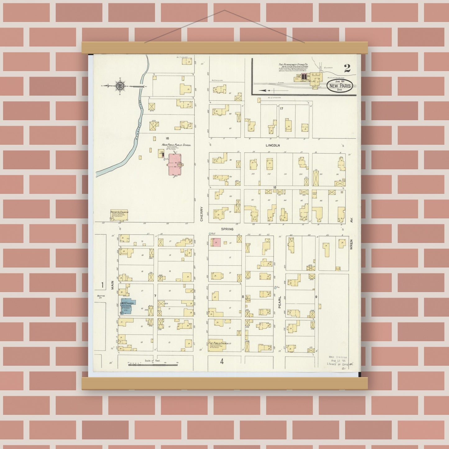 Old map wall art mockup — magnetic wood frame on brick wall — Sanborn Fire Insurance Map from New Paris, Preble County, Ohio (1911), Sheet #0002