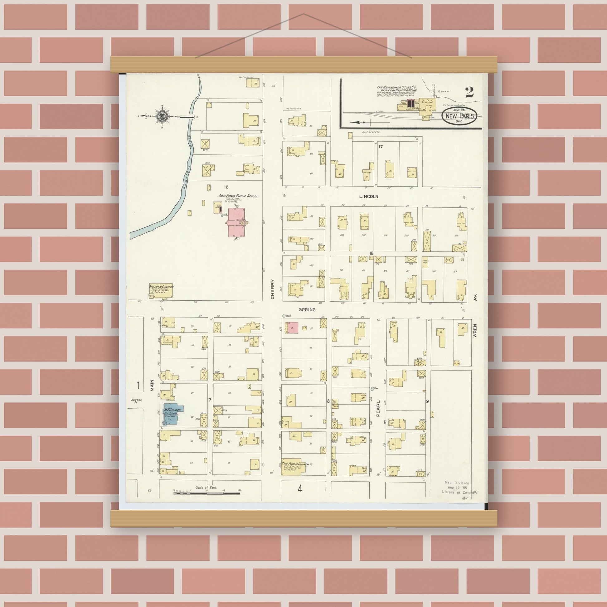 Old map wall art mockup — magnetic wood frame on brick wall — Sanborn Fire Insurance Map from New Paris, Preble County, Ohio (1911), Sheet #0002