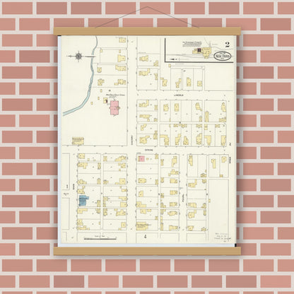 Old map wall art mockup — magnetic wood frame on brick wall — Sanborn Fire Insurance Map from New Paris, Preble County, Ohio (1911), Sheet #0002