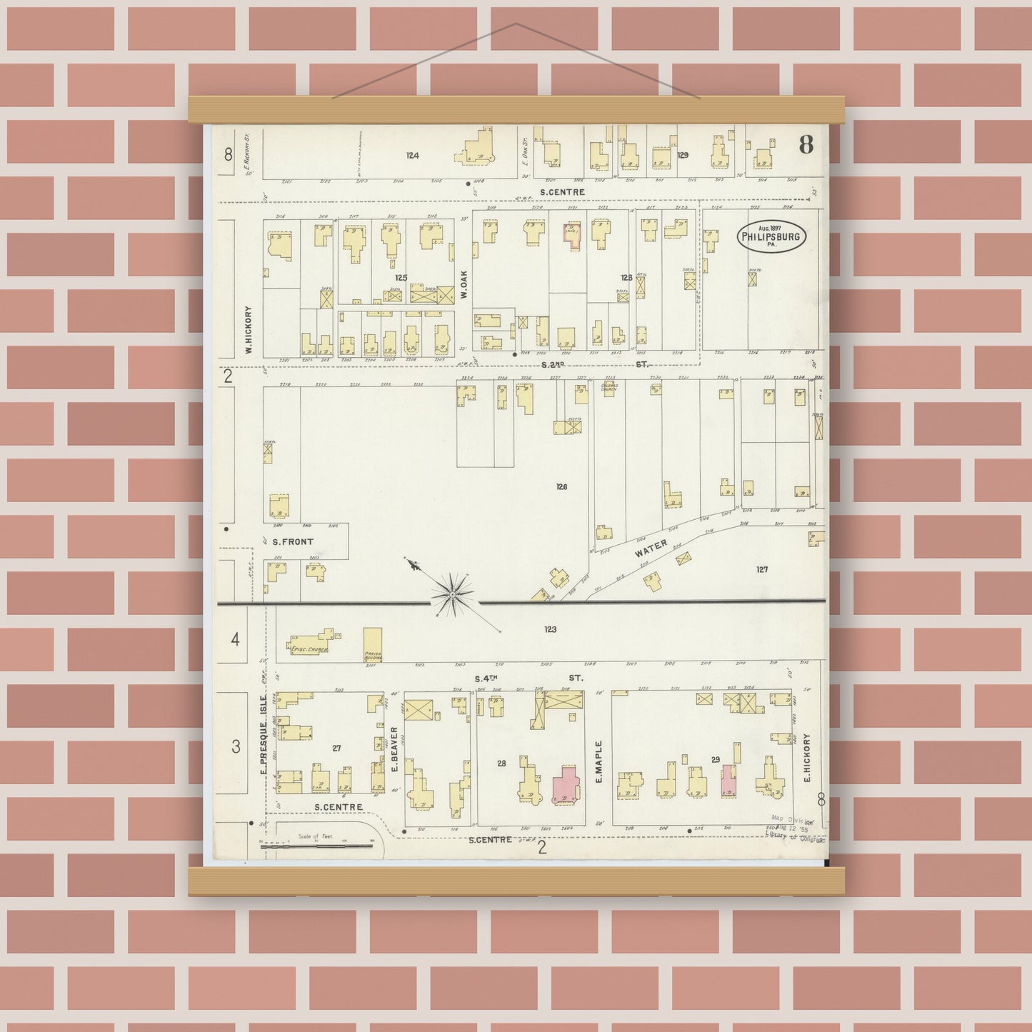 Old map wall art mockup — magnetic wood frame on brick wall — Sanborn Fire Insurance Map from Philipsburg, Centre County, Pennsylvania (1897), Sheet #0008