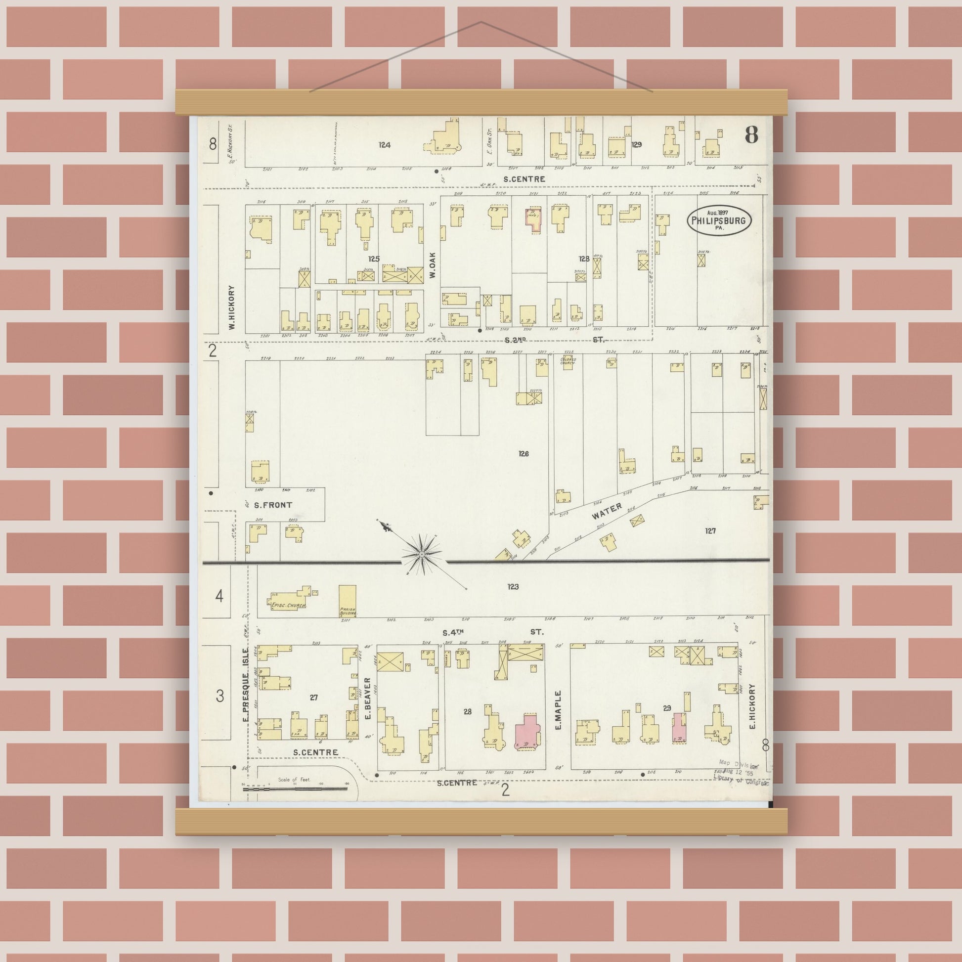 Old map wall art mockup — magnetic wood frame on brick wall — Sanborn Fire Insurance Map from Philipsburg, Centre County, Pennsylvania (1897), Sheet #0008