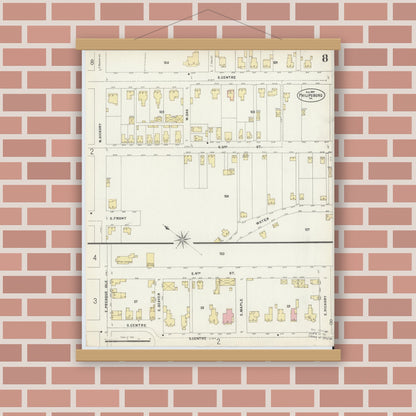 Old map wall art mockup — magnetic wood frame on brick wall — Sanborn Fire Insurance Map from Philipsburg, Centre County, Pennsylvania (1897), Sheet #0008
