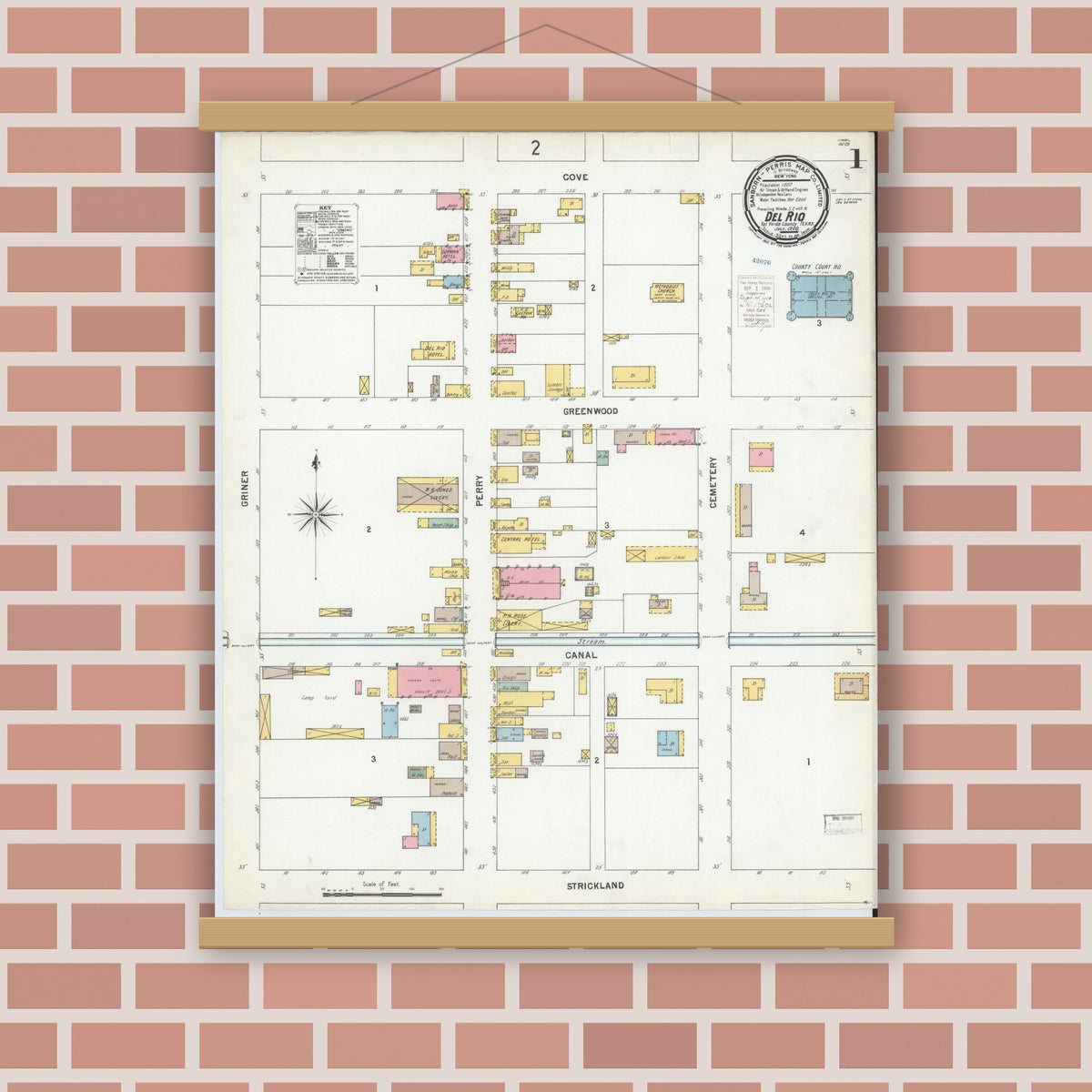 Old map wall art mockup — magnetic wood frame on brick wall — Sanborn Fire Insurance Map from Del Rio, Val Verde County, Texas (1900) - Complete Map Set