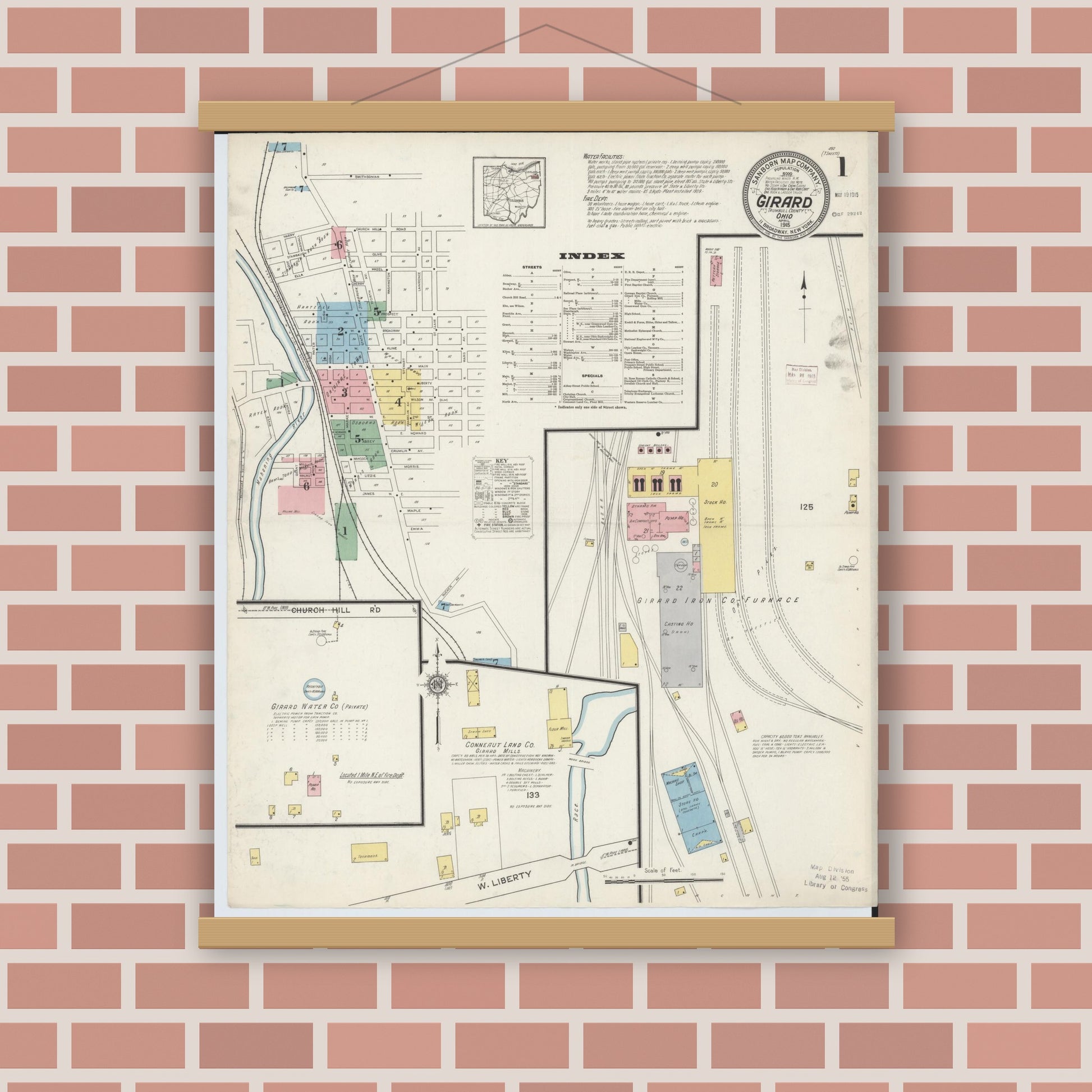 Old map wall art mockup — magnetic wood frame on brick wall — Sanborn Fire Insurance Map from Girard, Trumbull County, Ohio (1915), Sheet #0001