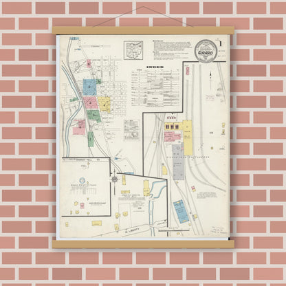 Old map wall art mockup — magnetic wood frame on brick wall — Sanborn Fire Insurance Map from Girard, Trumbull County, Ohio (1915), Sheet #0001