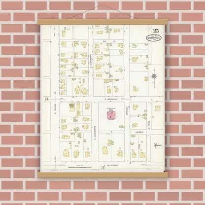 Old map wall art mockup — magnetic wood frame on brick wall — Sanborn Fire Insurance Map from Gainesville, Cooke County, Texas (1913), Sheet #0025