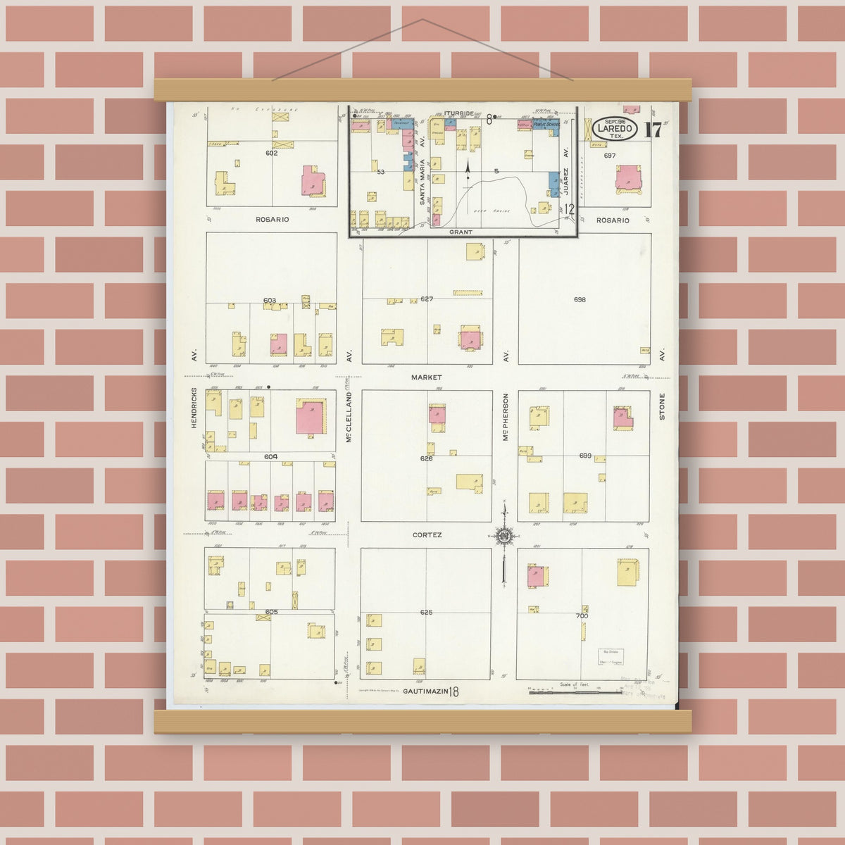 Old map wall art mockup — magnetic wood frame on brick wall — Sanborn Fire Insurance Map from Laredo, Webb County, Texas (1916), Sheet #0017