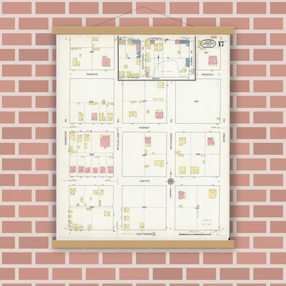Old map wall art mockup — magnetic wood frame on brick wall — Sanborn Fire Insurance Map from Laredo, Webb County, Texas (1916), Sheet #0017