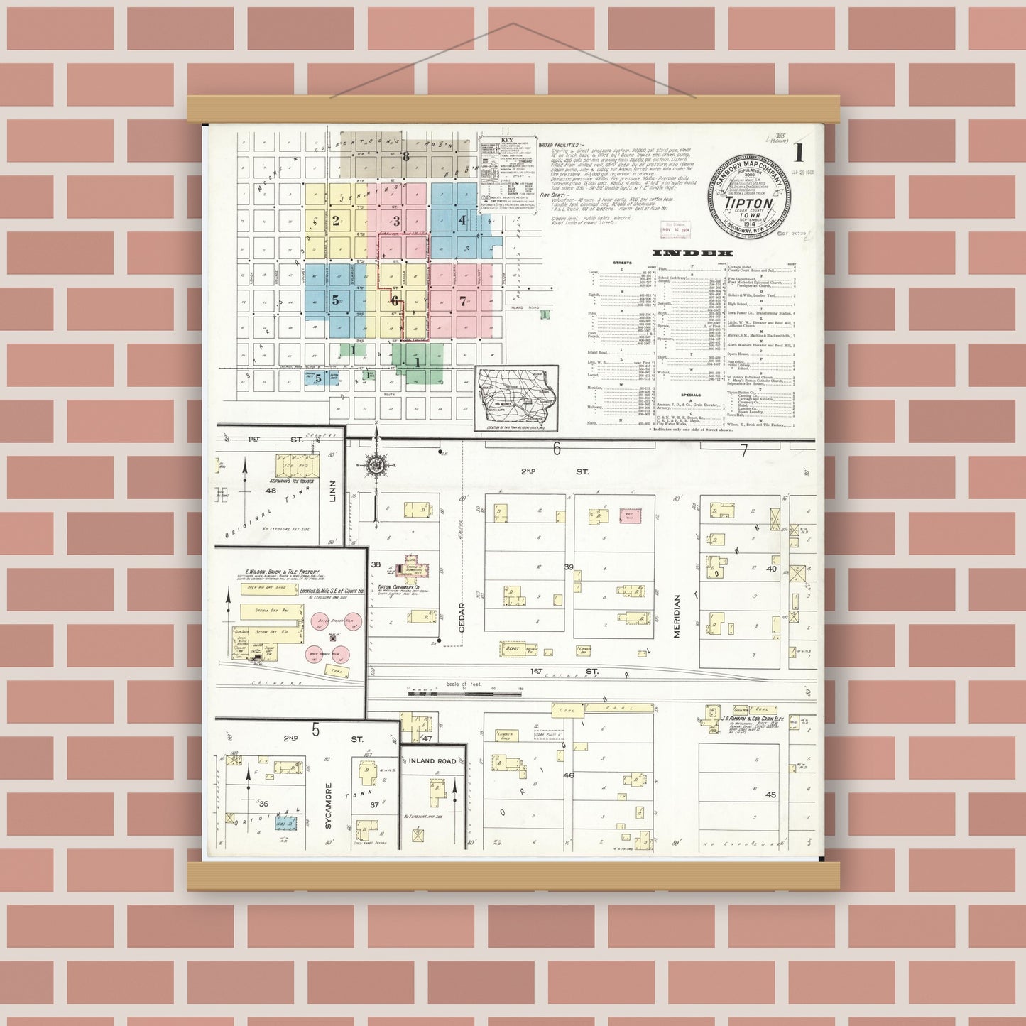 Old map wall art mockup — magnetic wood frame on brick wall — Sanborn Fire Insurance Map from Tipton, Cedar County, Iowa (1914), Sheet #0001