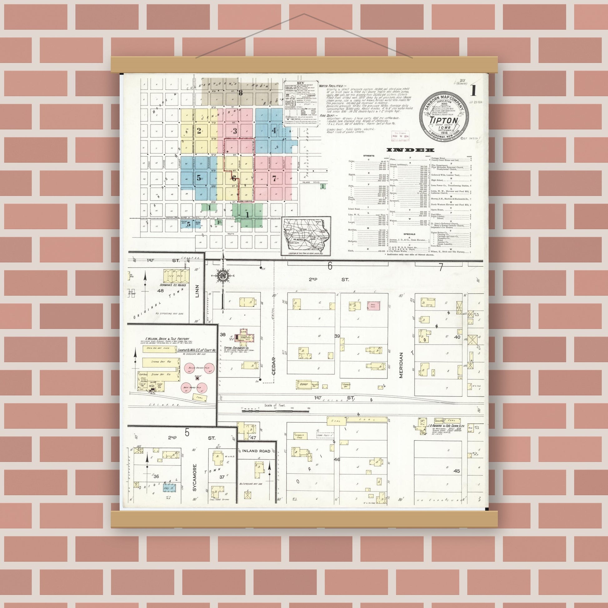 Old map wall art mockup — magnetic wood frame on brick wall — Sanborn Fire Insurance Map from Tipton, Cedar County, Iowa (1914), Sheet #0001