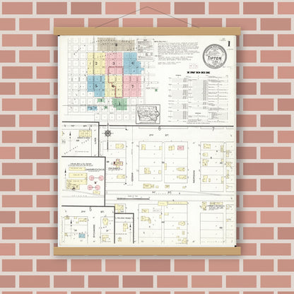 Old map wall art mockup — magnetic wood frame on brick wall — Sanborn Fire Insurance Map from Tipton, Cedar County, Iowa (1914), Sheet #0001
