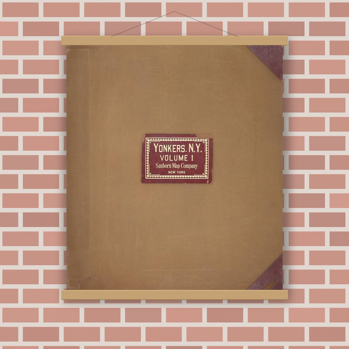 Old map wall art mockup — magnetic wood frame on brick wall — Sanborn Fire Insurance Map from Yonkers, Westchester County, New York (1951), Sheet #0001