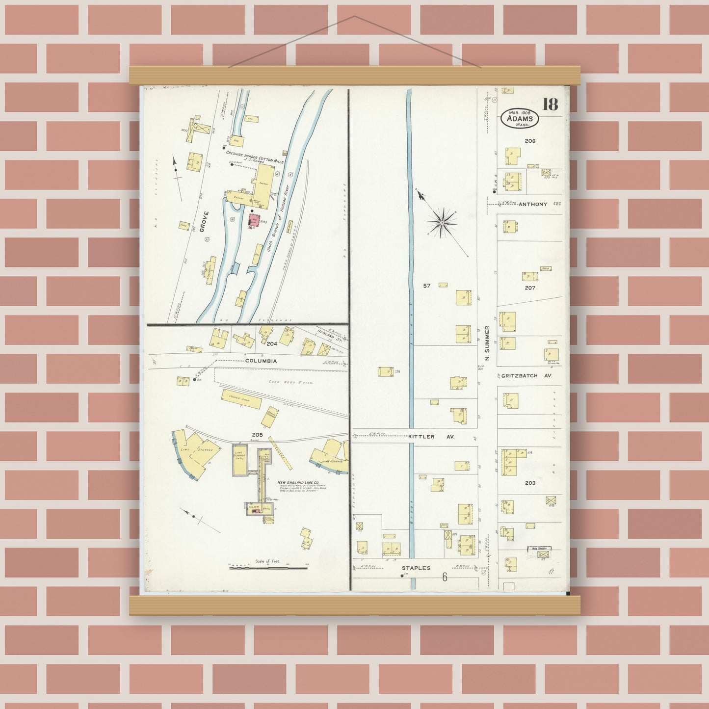 Old map wall art mockup — magnetic wood frame on brick wall — Sanborn Fire Insurance Map from Adams, Berkshire County, Massachusetts (1908), Sheet #0018