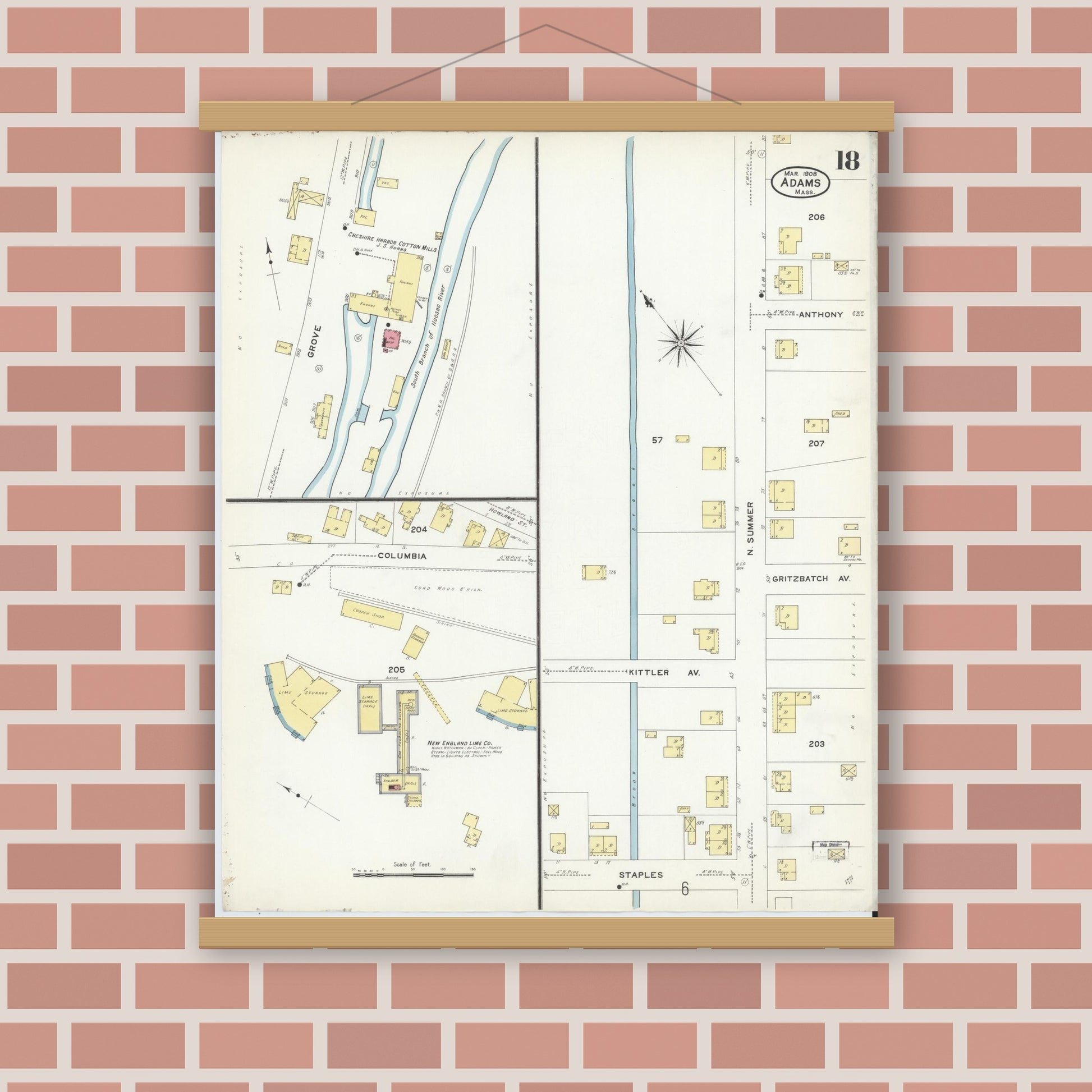 Old map wall art mockup — magnetic wood frame on brick wall — Sanborn Fire Insurance Map from Adams, Berkshire County, Massachusetts (1908), Sheet #0018