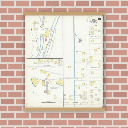 Old map wall art mockup — magnetic wood frame on brick wall — Sanborn Fire Insurance Map from Adams, Berkshire County, Massachusetts (1908), Sheet #0018