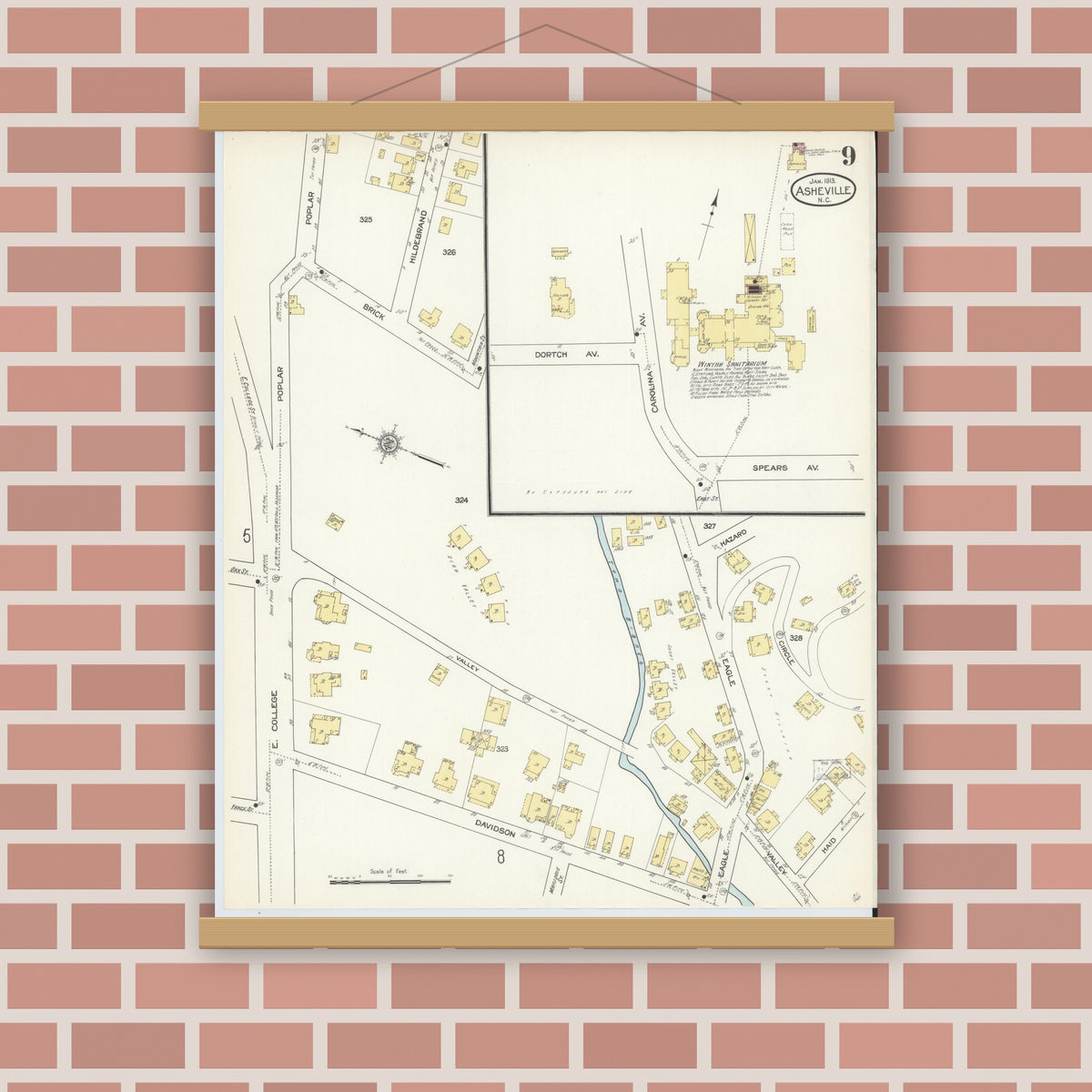 Old map wall art mockup — magnetic wood frame on brick wall — Sanborn Fire Insurance Map from Asheville, Buncombe County, North Carolina (1913), Sheet #0009