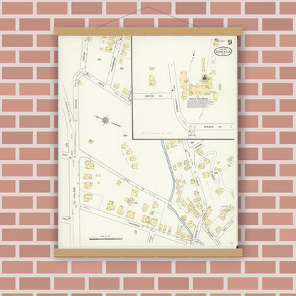 Old map wall art mockup — magnetic wood frame on brick wall — Sanborn Fire Insurance Map from Asheville, Buncombe County, North Carolina (1913), Sheet #0009