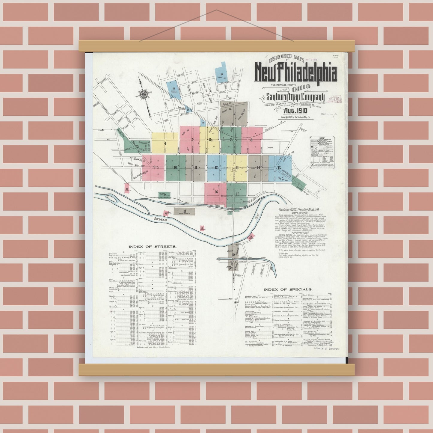 Old map wall art mockup — magnetic wood frame on brick wall — Sanborn Fire Insurance Map from New Philadelphia, Tuscarawas County, Ohio (1910) - Complete Map Set
