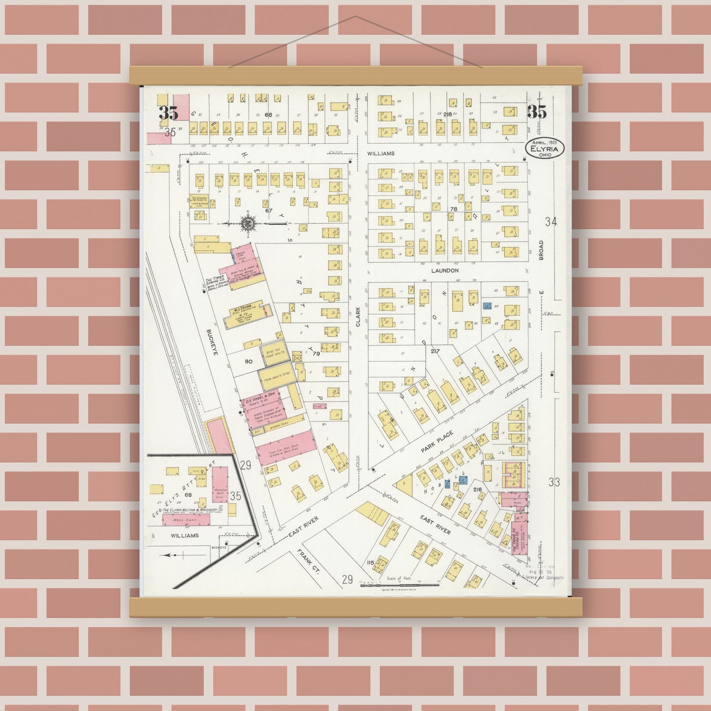 Old map wall art mockup — magnetic wood frame on brick wall — Sanborn Fire Insurance Map from Elyria, Lorain County, Ohio (1925), Sheet #0035