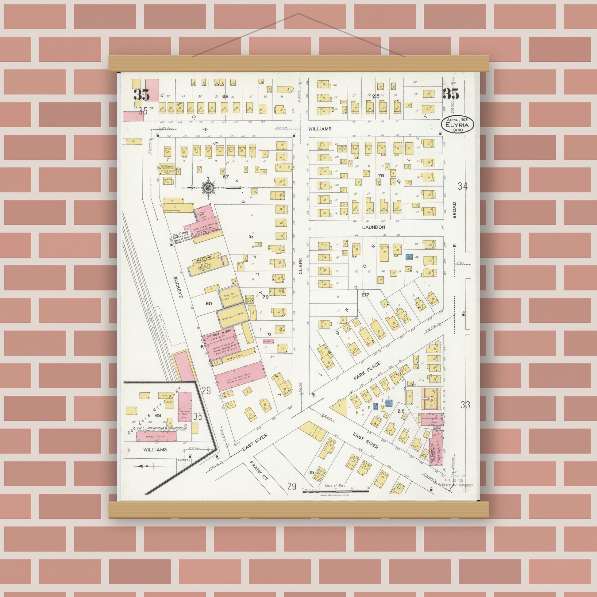 Old map wall art mockup — magnetic wood frame on brick wall — Sanborn Fire Insurance Map from Elyria, Lorain County, Ohio (1925), Sheet #0035
