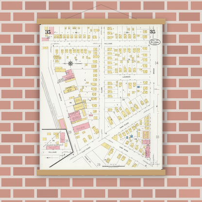 Old map wall art mockup — magnetic wood frame on brick wall — Sanborn Fire Insurance Map from Elyria, Lorain County, Ohio (1925), Sheet #0035