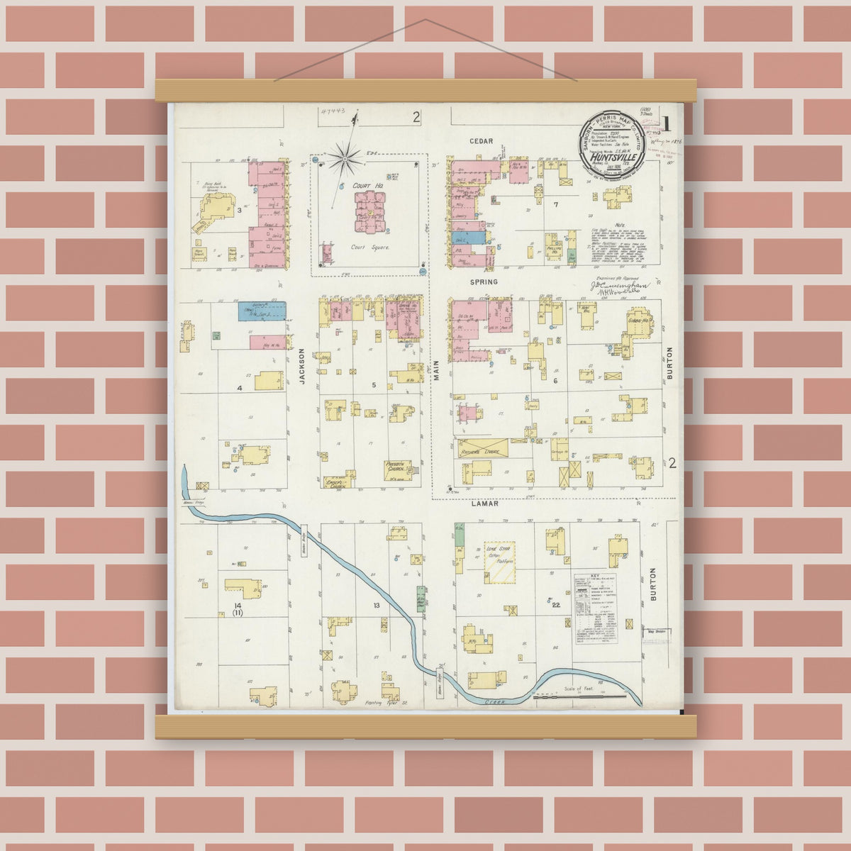Old map wall art mockup — magnetic wood frame on brick wall — Sanborn Fire Insurance Map from Huntsville, Walker County, Texas (1896) - Complete Map Set