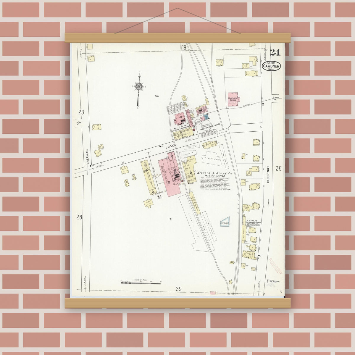 Old map wall art mockup — magnetic wood frame on brick wall — Sanborn Fire Insurance Map from Gardner, Worcester County, Massachusetts (1914), Sheet #0024