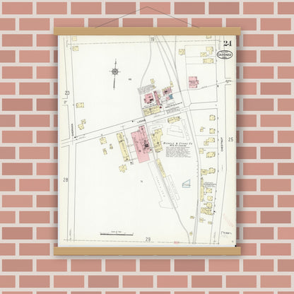 Old map wall art mockup — magnetic wood frame on brick wall — Sanborn Fire Insurance Map from Gardner, Worcester County, Massachusetts (1914), Sheet #0024