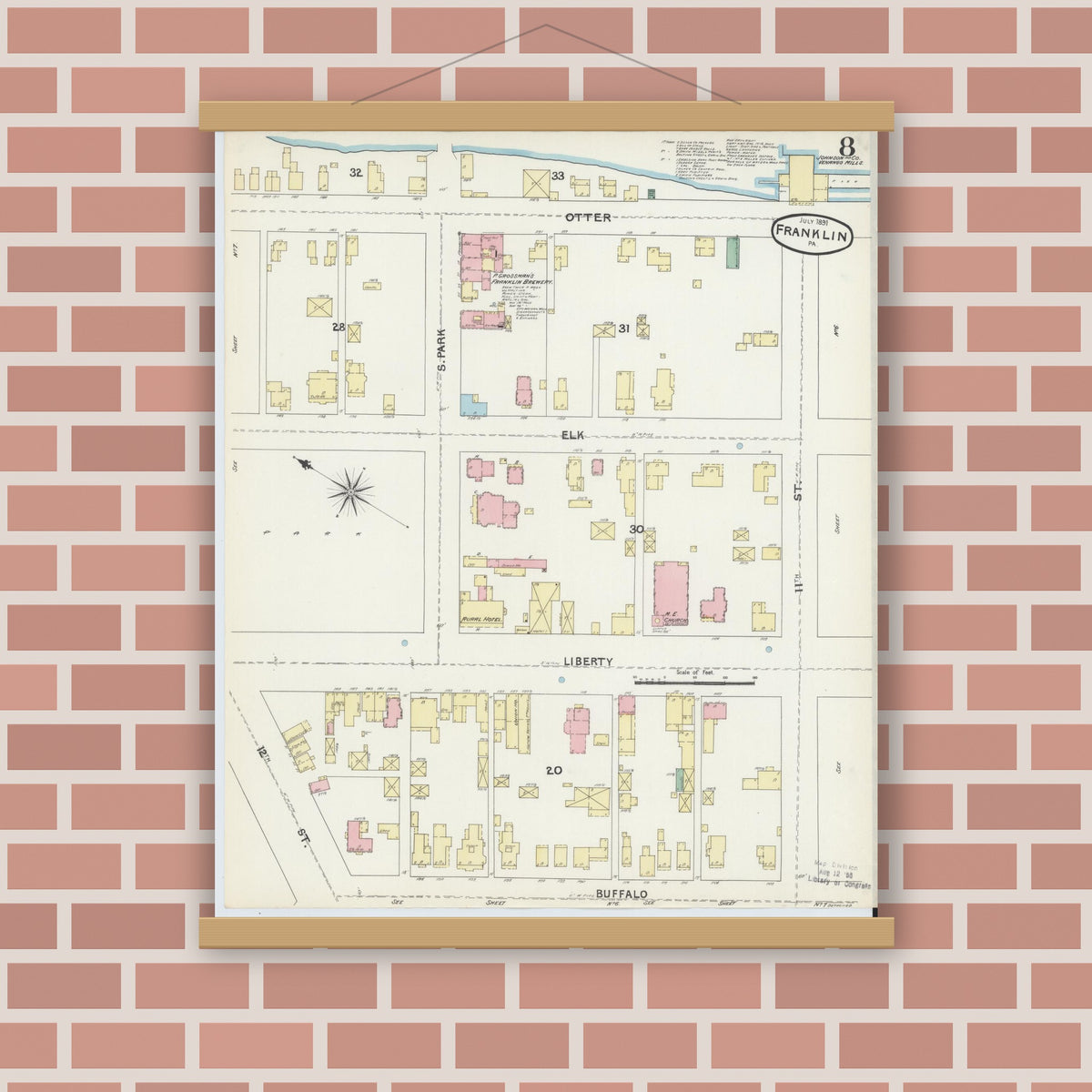 Old map wall art mockup — magnetic wood frame on brick wall — Sanborn Fire Insurance Map from Franklin, Venango County, Pennsylvania (1891), Sheet #0008