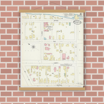 Old map wall art mockup — magnetic wood frame on brick wall — Sanborn Fire Insurance Map from Franklin, Venango County, Pennsylvania (1891), Sheet #0008