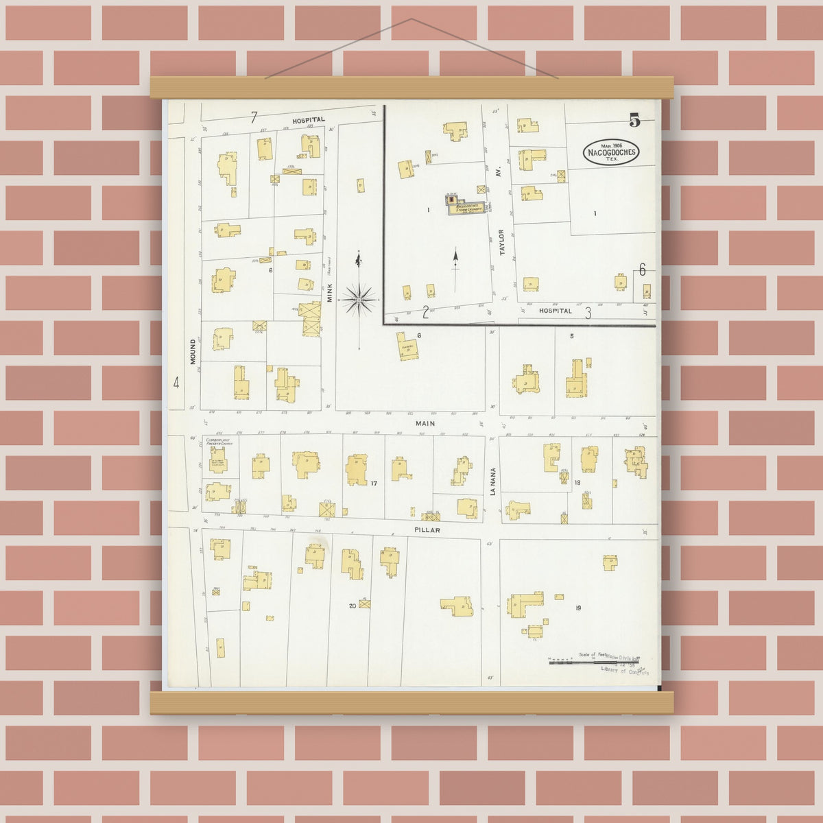 Old map wall art mockup — magnetic wood frame on brick wall — Sanborn Fire Insurance Map from Nacogdoches, Nacogdoches County, Texas (1906), Sheet #0005