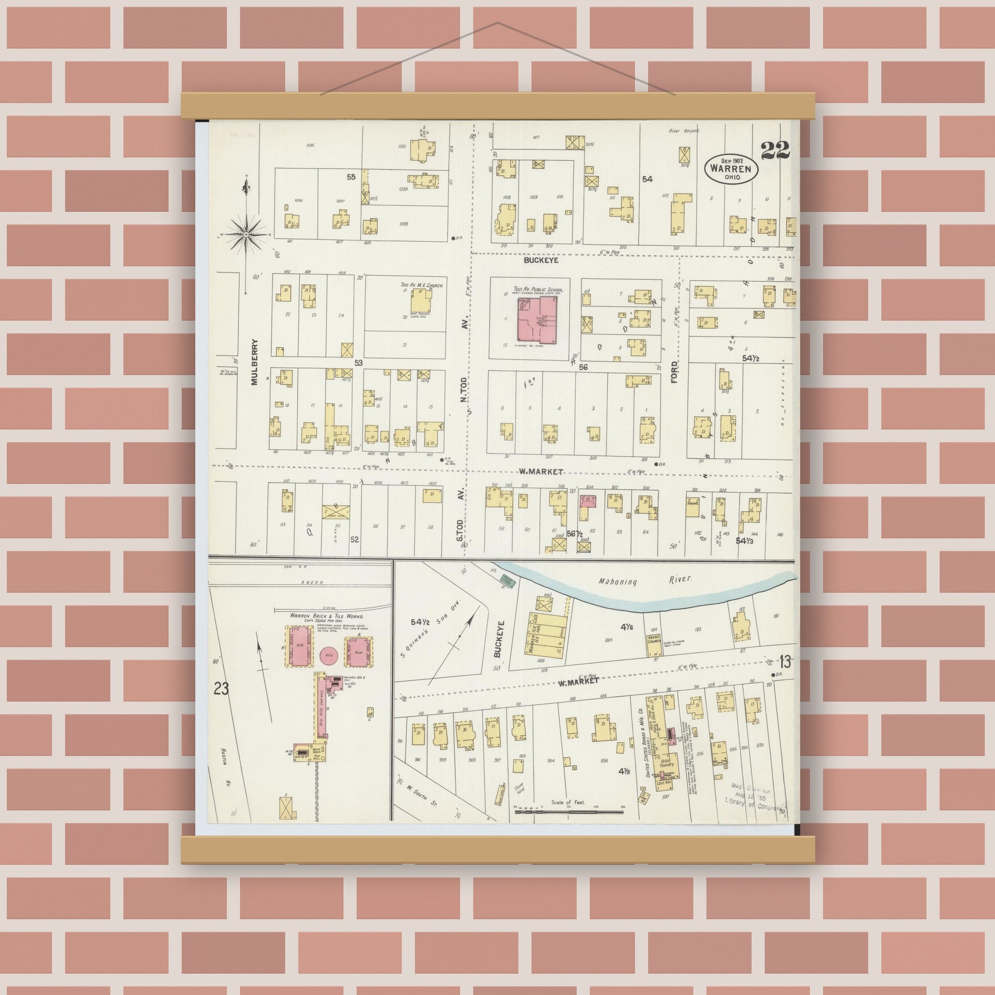 Old map wall art mockup — magnetic wood frame on brick wall — Sanborn Fire Insurance Map from Warren, Trumbull County, Ohio (1902), Sheet #0022