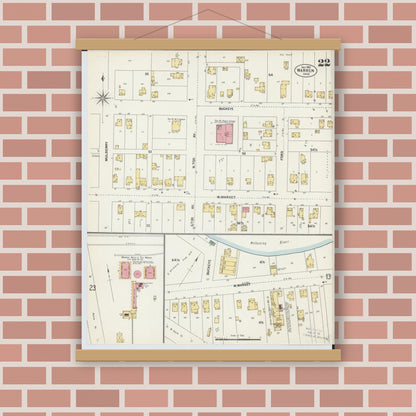 Old map wall art mockup — magnetic wood frame on brick wall — Sanborn Fire Insurance Map from Warren, Trumbull County, Ohio (1902), Sheet #0022