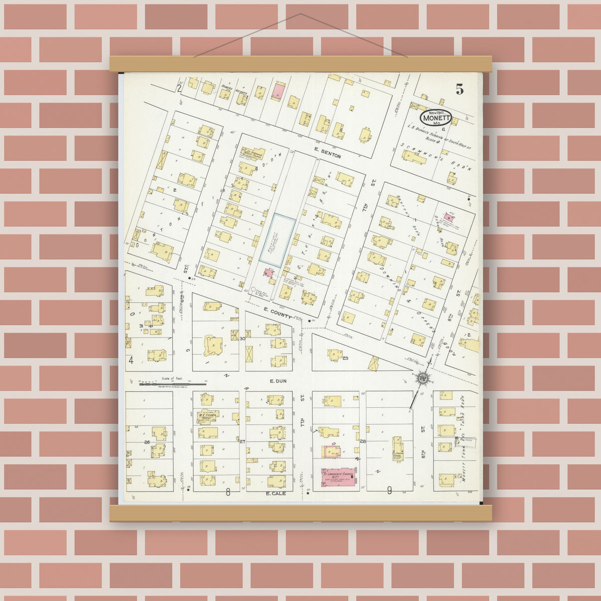 Old map wall art mockup — magnetic wood frame on brick wall — Sanborn Fire Insurance Map from Monett, Barry County, Missouri (1917), Sheet #0005