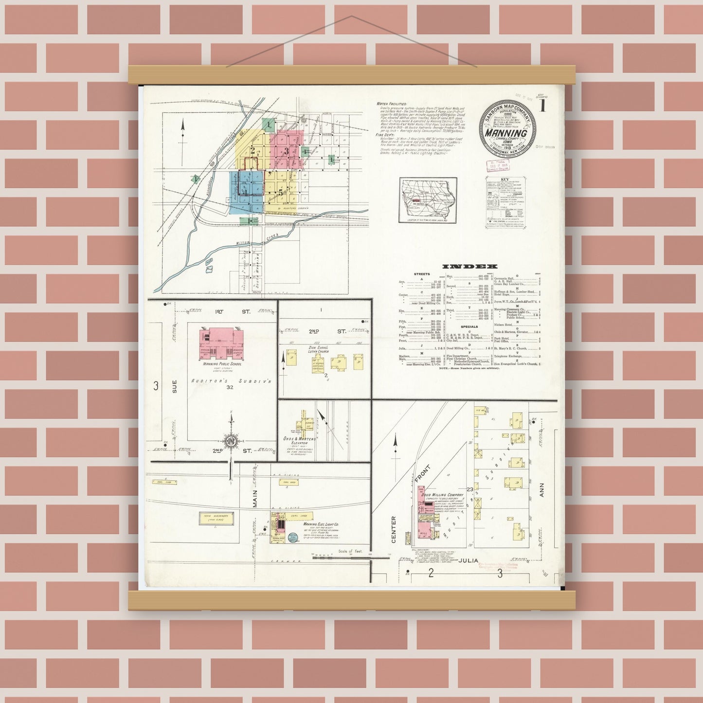 Old map wall art mockup — magnetic wood frame on brick wall — Sanborn Fire Insurance Map from Manning, Carroll County, Iowa (1913) â€” Complete Set