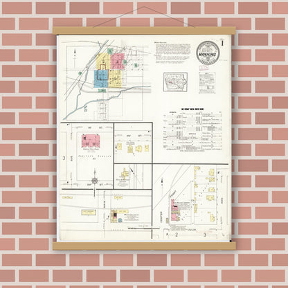 Old map wall art mockup — magnetic wood frame on brick wall — Sanborn Fire Insurance Map from Manning, Carroll County, Iowa (1913) â€” Complete Set