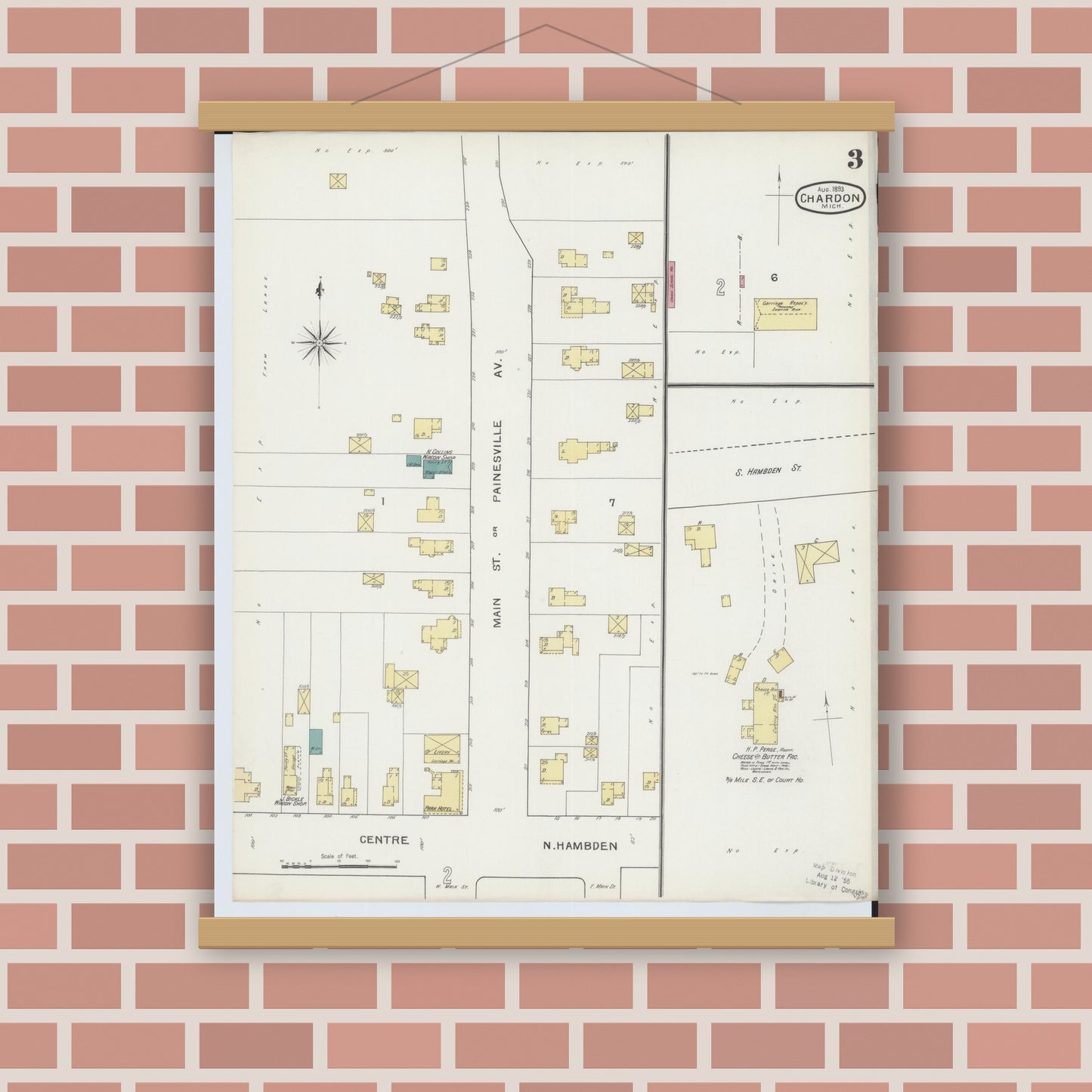 Old map wall art mockup — magnetic wood frame on brick wall — Sanborn Fire Insurance Map from Chardon, Geauga County, Ohio (1893), Sheet #0003
